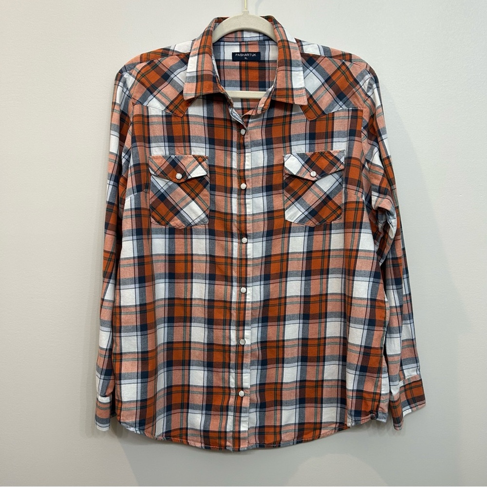 Pashartuk Woman’s Orange Plaid Button Down Shirt With Pearl Snaps Size XL
